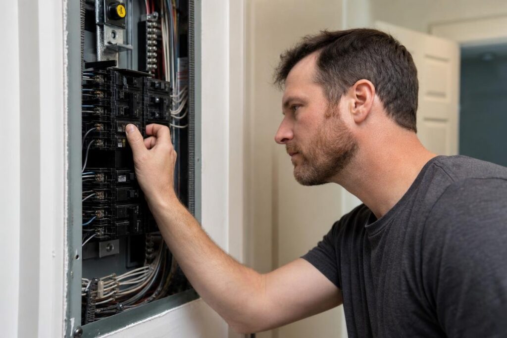Man in a grey shirt inspecting or adjusting breakers in an open electrical panel mounted on the wall inside a building.