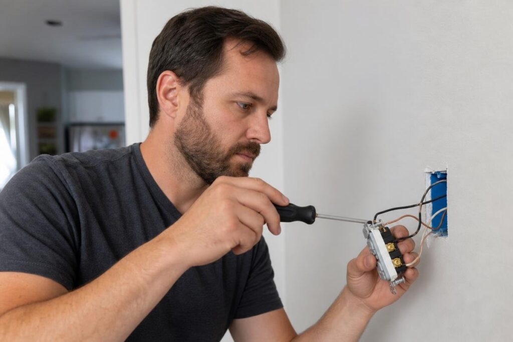 Man using a screwdriver to install or repair an electrical outlet in a wall, with wires exposed and focused expression.