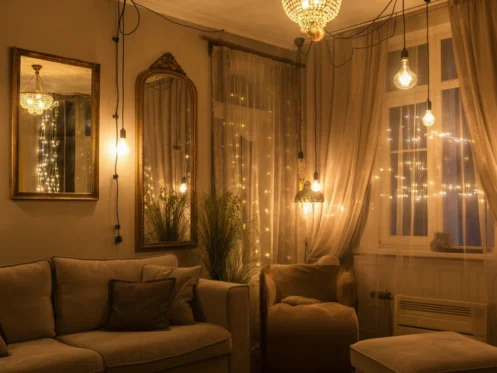 Cozy modern living room with layered lighting design featuring crystal chandelier, pendant lights, and fairy lights behind sheer curtains. Beige velvet sofa and armchair arrangement with vintage mirrors and ambient warm lighting for hygge home decor inspiration.