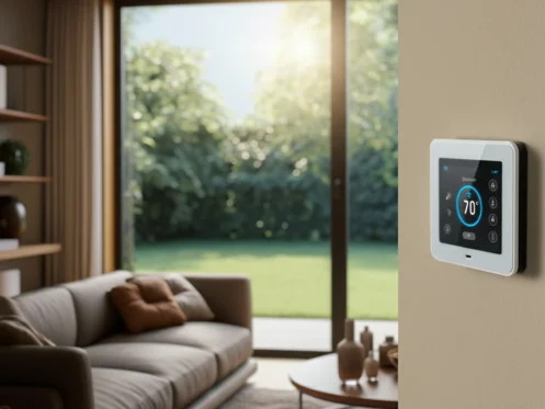 a smart thermostat on the wall in a living room with natural light coming from a sliding door