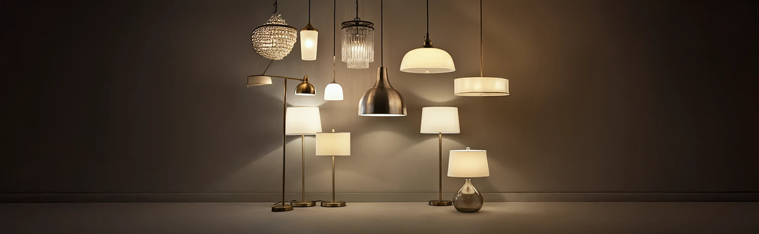 A display of various indoor lighting fixtures arranged against a dark brown background. The image shows multiple lighting styles including pendant lights, floor lamps, and table lamps. Featured are a crystal chandelier, several drum-shade pendant lights, a metallic dome pendant, and floor lamps with traditional shades. The lighting fixtures are illuminated, creating a warm, ambient glow that highlights their different designs and styles. The fixtures are arranged at varying heights, creating an artistic composition that showcases different types of indoor lighting options.