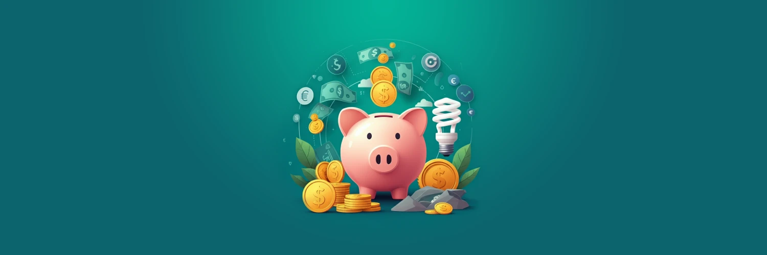 Illustration of a piggy bank surrounded by cash and compact florescent light bulbs